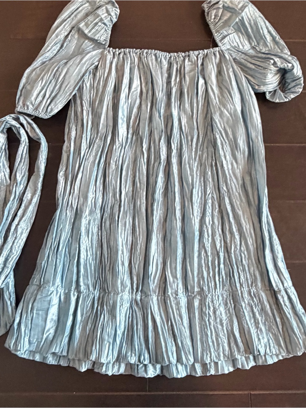 Anthropologie Shimmery Light Blue Crinkled Puff-Sleeve Dress